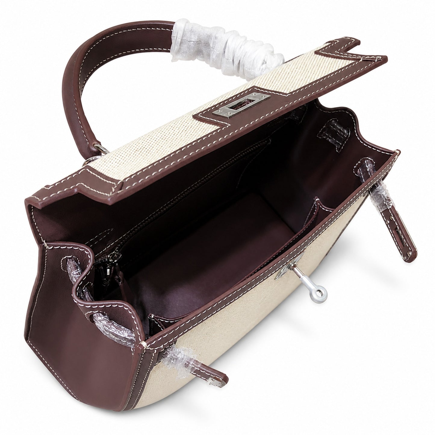 Kelly 25 Bag With Exterior Stitching Crafted Of Patchwork Canvas & Premium Swift Leather, Classic Deep Ebony Wood Shade, Unique Mixed Material Texture With Distinct Vintage Charm Dimensions: Length 25 * Width 10 * Height 18cm