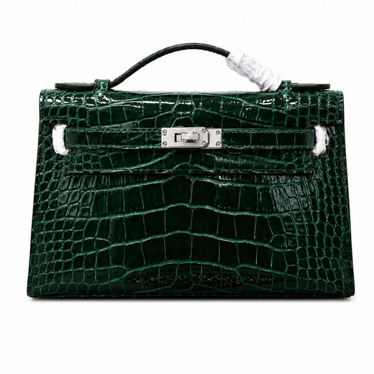 Kelly Pochette Vert Emeraude Shiny Niloticus Crocodile Leather Palladium Hardware Women Clutch Bag