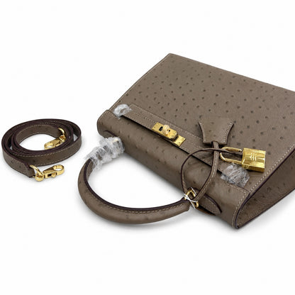Hermès Kelly Sellier 25 Ostrich Etoupe Gold Hardware
