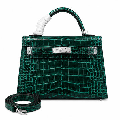Kelly Sellier 22cm Vert Emeraude Shiny Crocodile Leather Gold Hardware & Palladium Hardware Women Handbag