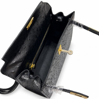 Kelly Sellier 25cm Noir Black Ostrich Gold Hardware Designer Shoulder Tote