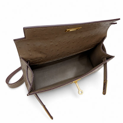 Mini Kelly II Sellier 19cm & 22cm Etoupe Ostrich Leather Gold Hardware Women Mini Handbag