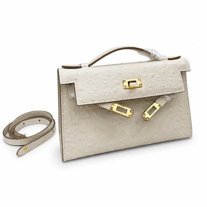 Mini Kelly II Sellier 19cm & 22cm Craie Ostrich Leather Gold Hardware Women Mini Handbag