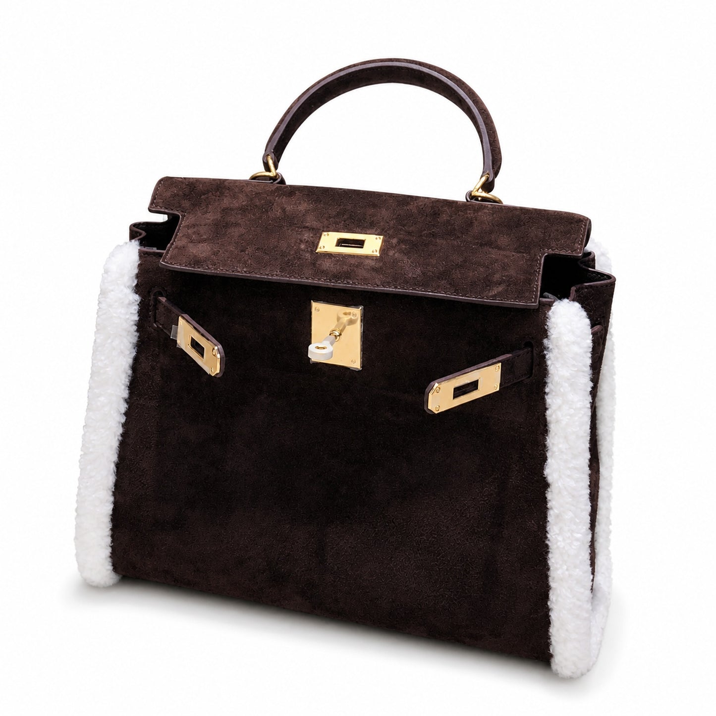 Kelly Sellier 28cm Ebene Suede Leather Gold Hardware Commute Shoulder Handbag