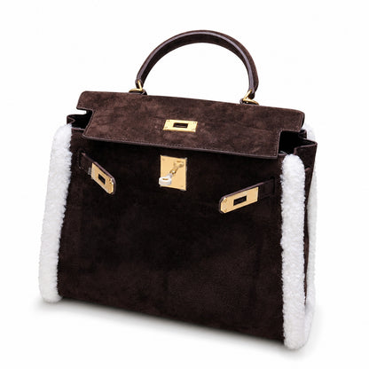 Kelly Sellier 28cm Ebene Suede Leather Gold Hardware Commute Shoulder Handbag