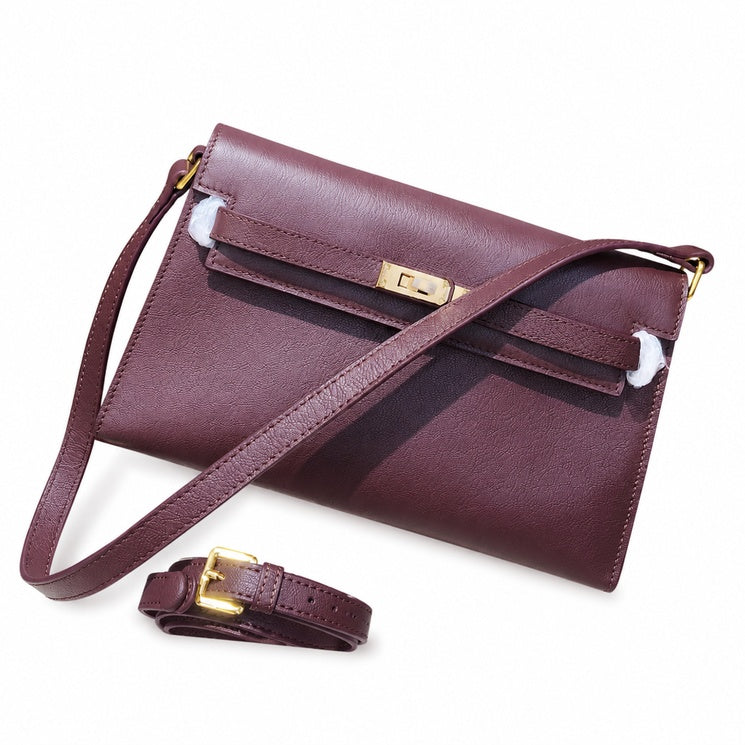 Kelly Elan 25 Underarm Baguette Bag, Genuine Top Layer Cowhide Goat Grain Leather, Gold Hardware Havane Brown Shoulder Purse, Low-key Old Money Vintage Style Daily Handbag Size 25×6.5×15cm
