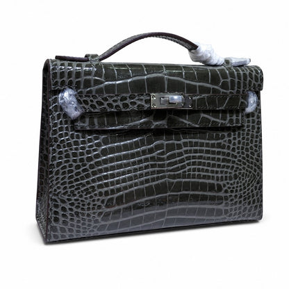 Kelly Pochette Gris Elephant Shiny Niloticus Crocodile Leather Palladium Hardware & Palladium Hardware Women Clutch Bag