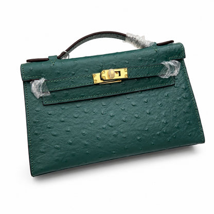 Mini Kelly II Sellier 19cm & 22cm Vert Fonce Ostrich Leather Gold Hardware Women Mini Handbag