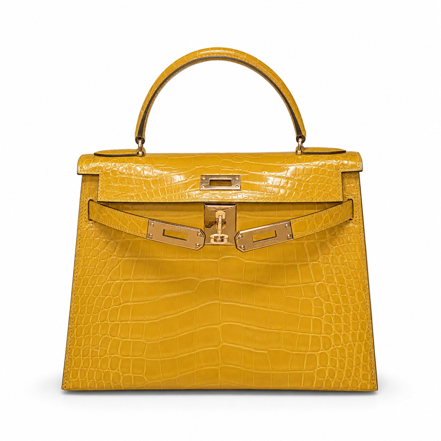 Kelly Sellier 19cm Jaune Ambre Shiny Crocodile Leather Gold Hardware & Palladium Hardware Women Handbag