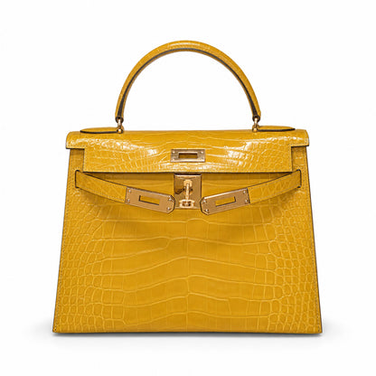 Kelly Sellier 19cm Jaune Ambre Shiny Crocodile Leather Gold Hardware & Palladium Hardware Women Handbag