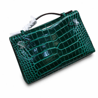 Kelly Pochette Vert Emeraude Shiny Niloticus Crocodile Leather Palladium Hardware Women Clutch Bag