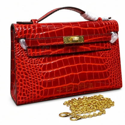 Kelly Pochette Rouge Casa Shiny Niloticus Crocodile Leather Gold Hardware Women Clutch Bag