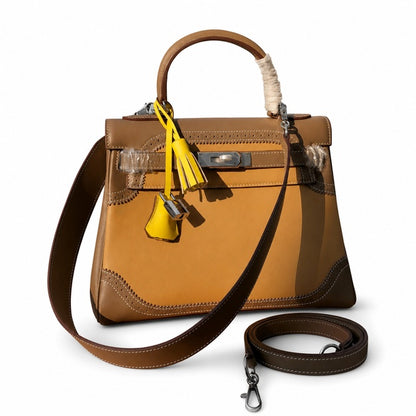 Kelly Sellier Ghillies 28cm Beige Poussière & Marron Foncé Barenia Leather Palladium Hardware Women Handbag