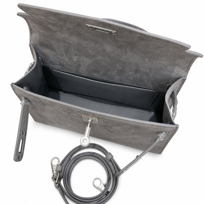 Kelly Sellier 22cm Gris Asphalte Suede Leather Palladium Hardware Women Handbag
