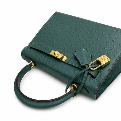 Kelly Sellier 25cm Vert Cypress Ostrich Gold Hardware Vintage Women Handbag