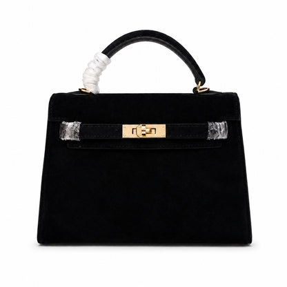 Kelly Sellier 22cm Noir Suede Leather Gold Hardware Women Mini Handbag