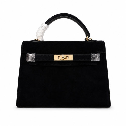 Kelly Sellier 22cm Noir Suede Leather Gold Hardware Women Mini Handbag