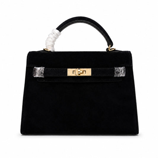 Kelly Sellier 22cm Noir Suede Leather Gold Hardware Women Mini Handbag