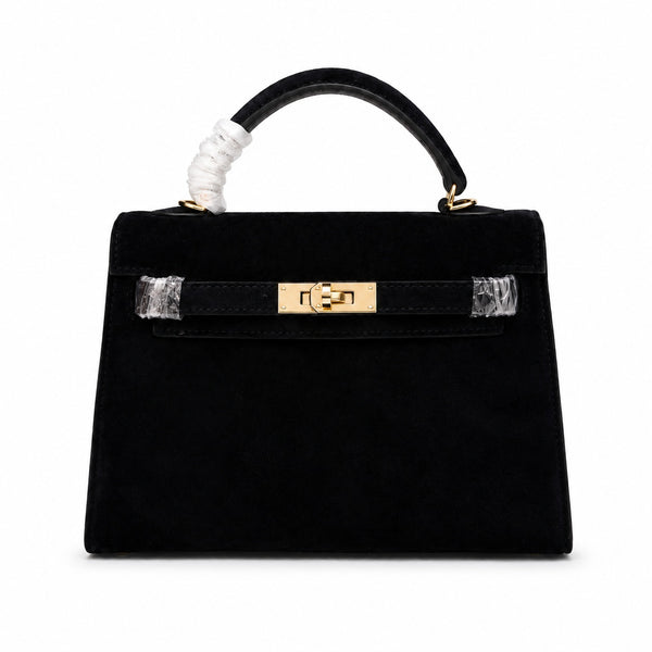 Kelly Sellier 22cm Noir Suede Leather Gold Hardware Women Mini Handbag