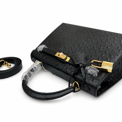 Kelly Sellier 25cm Noir Black Ostrich Gold Hardware Designer Shoulder Tote