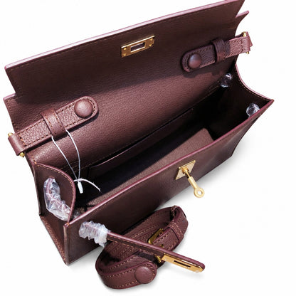 Kelly Elan 25 Underarm Baguette Bag, Genuine Top Layer Cowhide Goat Grain Leather, Gold Hardware Havane Brown Shoulder Purse, Low-key Old Money Vintage Style Daily Handbag Size 25×6.5×15cm