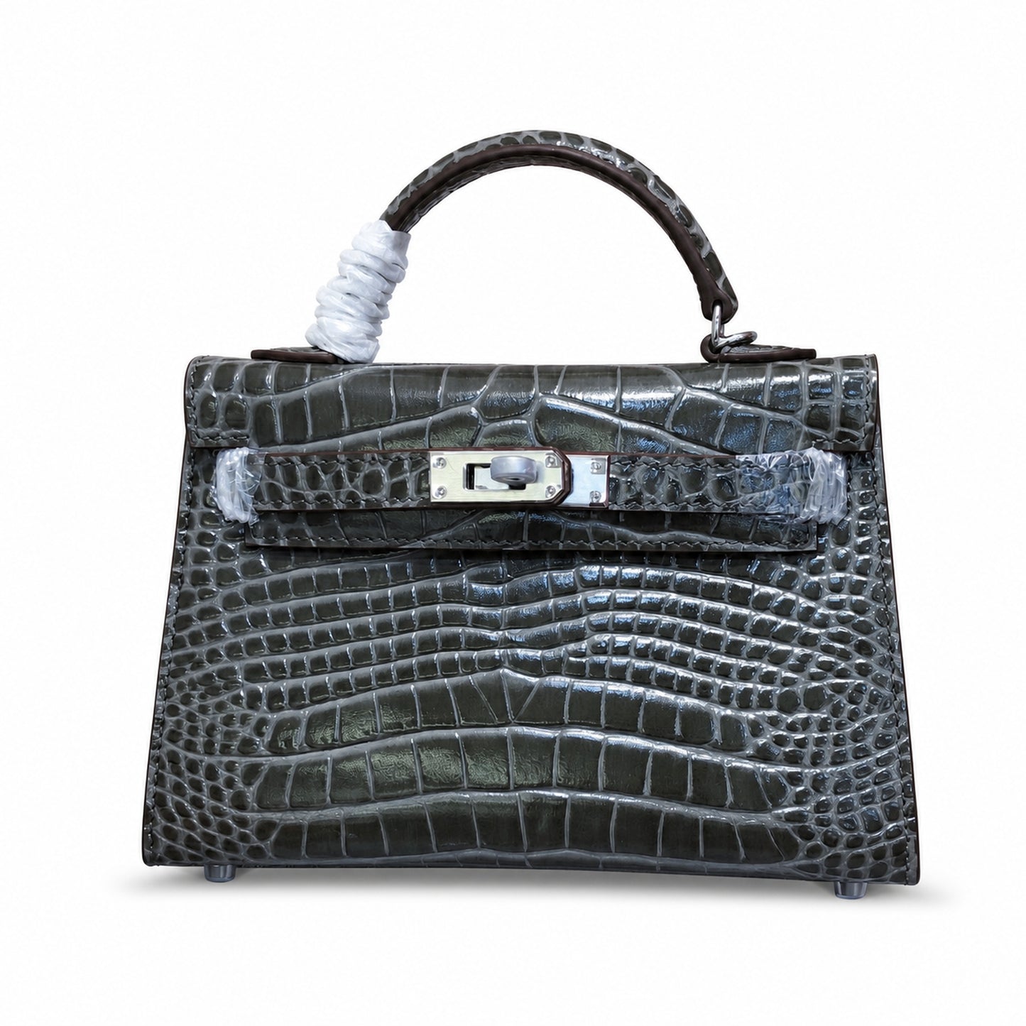 Kelly Sellier 19cm Gris Elephant Shiny Crocodile Leather Gold Hardware & Palladium Hardware Women Handbag