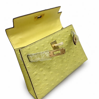 Mini Kelly II 19cm Sellier Jaune Poussin Ostrich Gold Hardware Luxury Mini Handbag