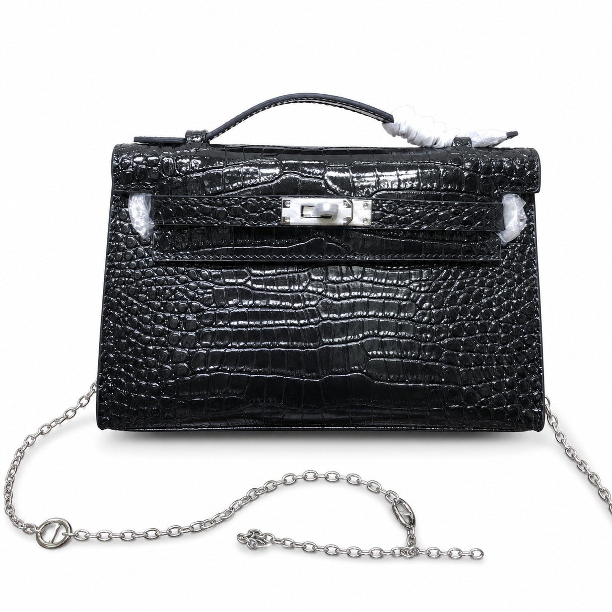 Kelly Pochette Noir Shiny Niloticus Crocodile Leather Palladium Hardware & Palladium Hardware Women Clutch Bag
