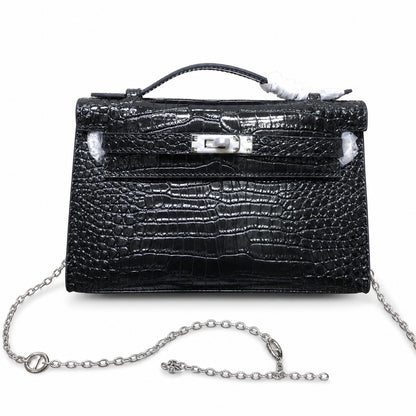 Kelly Pochette Noir Shiny Niloticus Crocodile Leather Palladium Hardware & Palladium Hardware Women Clutch Bag