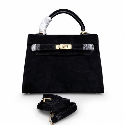 Kelly Sellier 22cm Noir Suede Leather Gold Hardware Women Mini Handbag