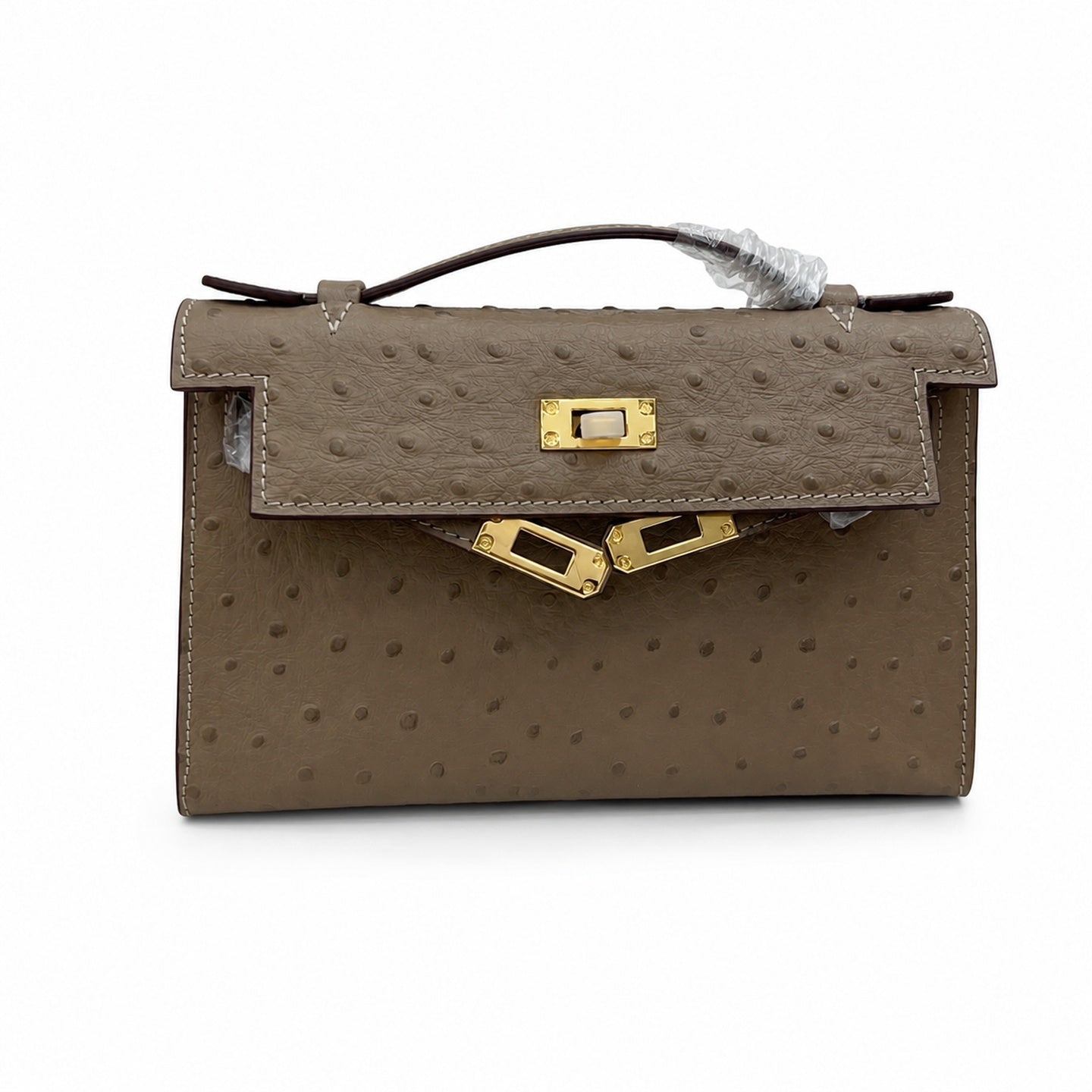 Mini Kelly II Sellier 19cm & 22cm Etoupe Ostrich Leather Gold Hardware Women Mini Handbag