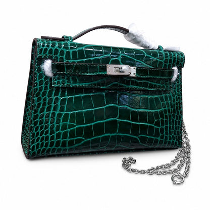 Kelly Pochette Vert Emeraude Shiny Niloticus Crocodile Leather Palladium Hardware Women Clutch Bag