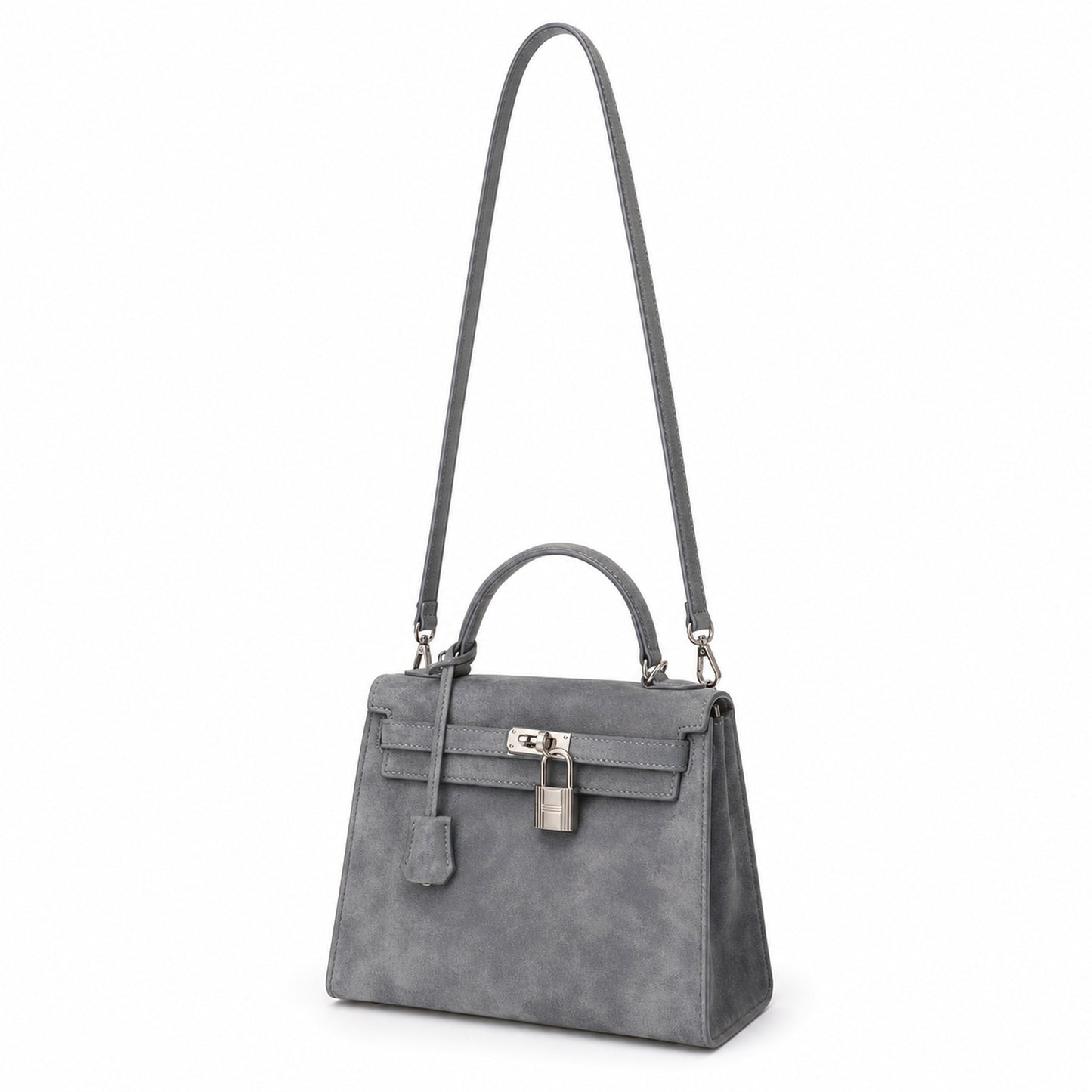 Kelly Sellier 22cm Gris Asphalte Suede Leather Palladium Hardware Women Handbag