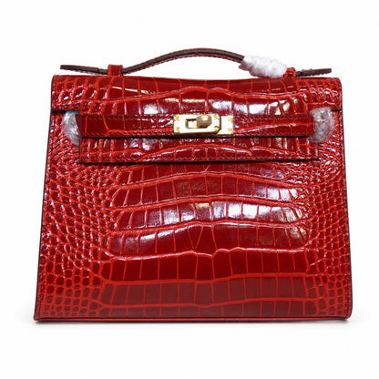 Kelly Pochette Rouge Casa Shiny Niloticus Crocodile Leather Gold Hardware Women Clutch Bag