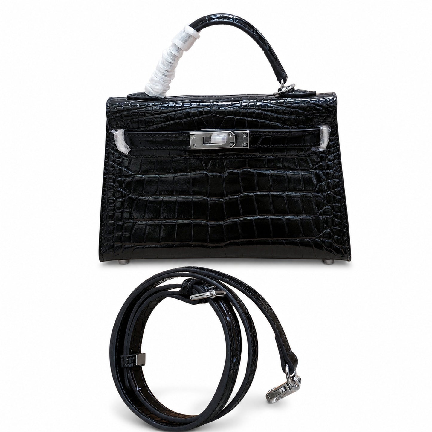 Kelly Sellier 19cm Noir Shiny Crocodile Leather Gold Hardware & Palladium Hardware Women Handbag