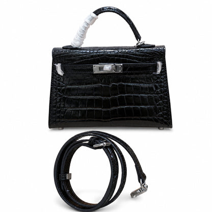 Kelly Sellier 19cm Noir Shiny Crocodile Leather Gold Hardware & Palladium Hardware Women Handbag
