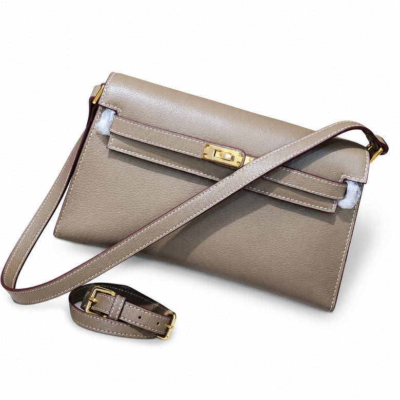Kelly Elan 25 Genuine Goat Grain Top Layer Cowhide Shoulder Bag, Gold Hardware Neutral Khaki Faux Kelly Baguette Underarm Bag, 25×6.5×15cm Elegant Commute Handbag for Women All Season Match
