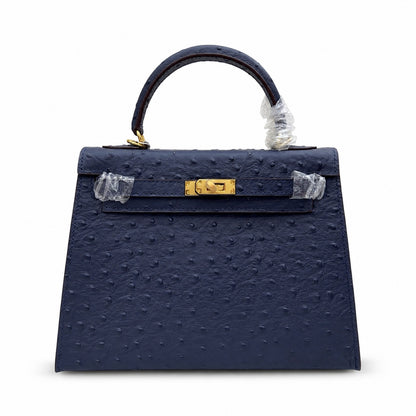 elly Sellier 25cm Bleu Nuit Ostrich Gold Hardware Luxury Commute Handbag