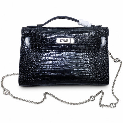 Kelly Pochette Noir Shiny Niloticus Crocodile Leather Palladium Hardware & Palladium Hardware Women Clutch Bag
