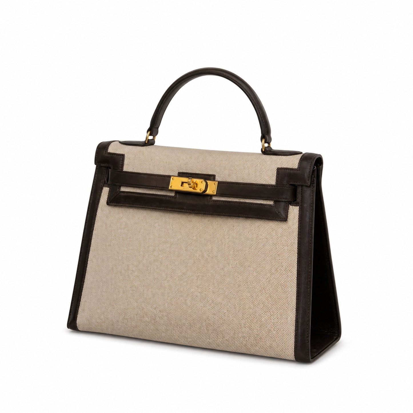 Kelly 25 Bag With Exterior Stitching Crafted Of Patchwork Canvas & Premium Swift Leather, Classic Deep Ebony Wood Shade, Unique Mixed Material Texture With Distinct Vintage Charm Dimensions: Length 25 * Width 10 * Height 18cm