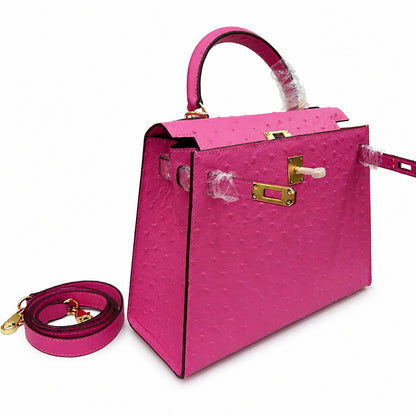 Kelly Sellier 25cm Rose Tyrien Ostrich Gold Hardware Designer Crossbody Tote