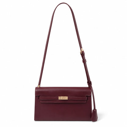 Kelly Elan 25 Underarm Baguette Bag, Genuine Top Layer Cowhide Goat Grain Leather, SilverHardware Vintage Wine Red Shoulder Handbag, Elegant Luxury Quiet Glam Daily Purse Size 25×6.5×15cm