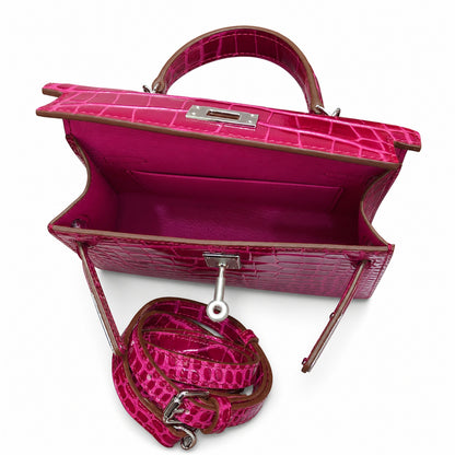 Kelly Sellier 19cm Fuchsia Shiny Crocodile Leather Gold Hardware & Palladium Hardware Women Handbag