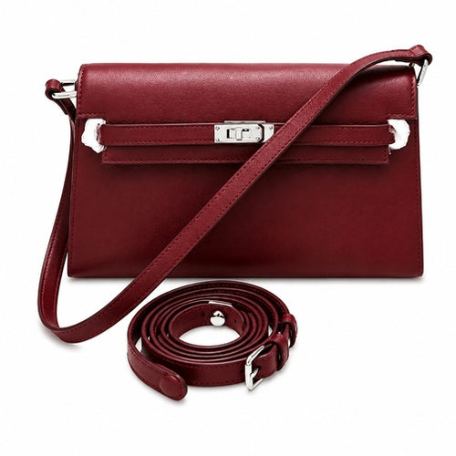 Kelly Elan 25 Underarm Baguette Bag, Genuine Top Layer Cowhide Goat Grain Leather, SilverHardware Vintage Wine Red Shoulder Handbag, Elegant Luxury Quiet Glam Daily Purse Size 25×6.5×15cm