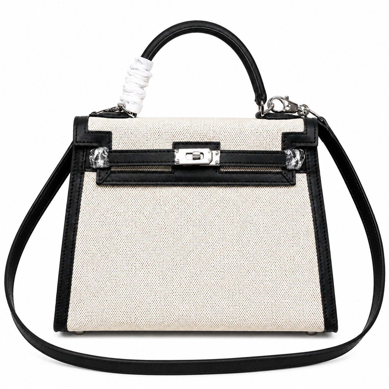 Top Selling Kelly 25 Bag With Outside Stitching, Made Of Textured Canvas & Soft Swift Leather Patchwork, Classic Black Silver Hardware Combination, Stunning Mixed Material Texture Dimensions: Length 25 * Width 10 * Height 18cm