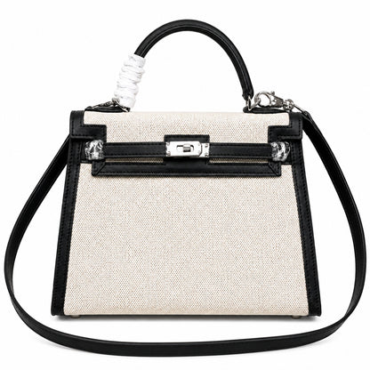 Top Selling Kelly 25 Bag With Outside Stitching, Made Of Textured Canvas & Soft Swift Leather Patchwork, Classic Black Silver Hardware Combination, Stunning Mixed Material Texture Dimensions: Length 25 * Width 10 * Height 18cm