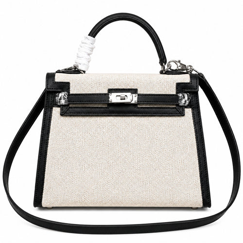 Top Selling Kelly 25 Bag With Outside Stitching, Made Of Textured Canvas & Soft Swift Leather Patchwork, Classic Black Silver Hardware Combination, Stunning Mixed Material Texture Dimensions: Length 25 * Width 10 * Height 18cm