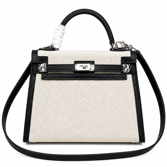 Top Selling Kelly 25 Bag With Outside Stitching, Made Of Textured Canvas & Soft Swift Leather Patchwork, Classic Black Silver Hardware Combination, Stunning Mixed Material Texture Dimensions: Length 25 * Width 10 * Height 18cm