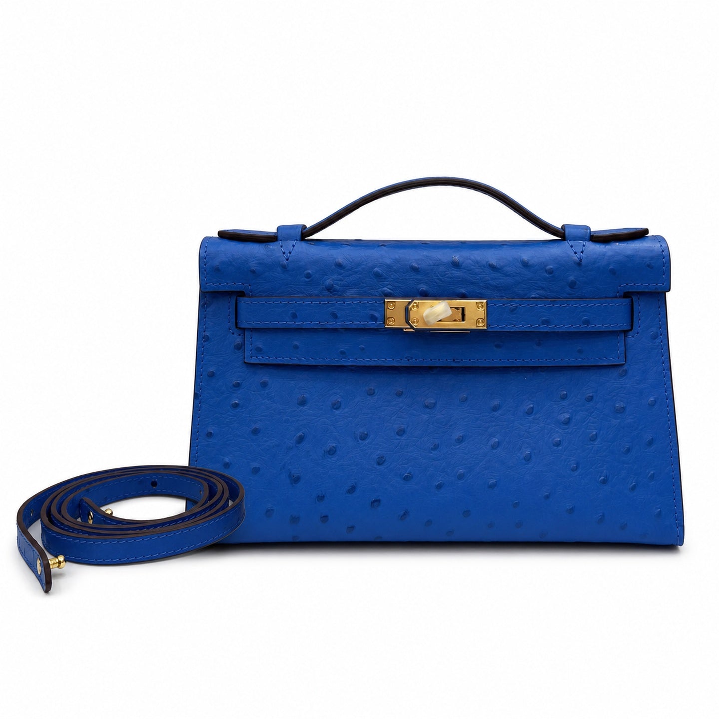 Mini Kelly Sellier 22cm Bleu Electrique Ostrich Leather Gold Hardware Women Mini Handbag