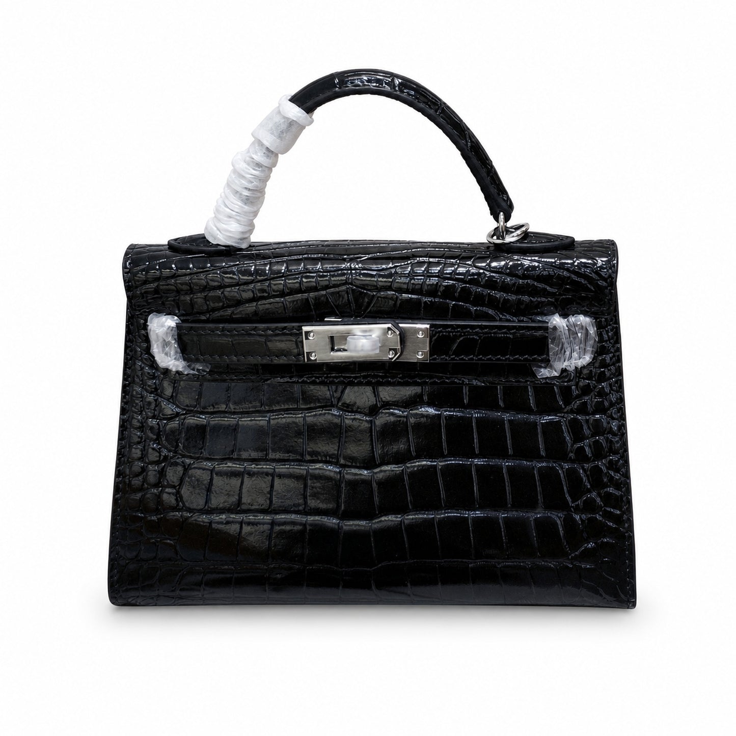 Kelly Sellier 19cm Noir Shiny Crocodile Leather Gold Hardware & Palladium Hardware Women Handbag